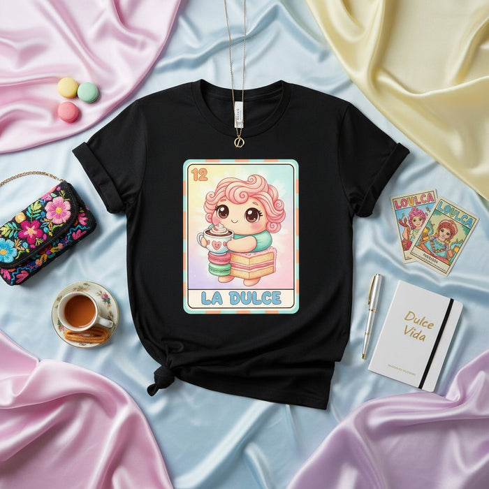 LA DULCE Cute Pink Haired Girl with Hot Chocolate & Macarons T-Shirt, Mexican Loteria Card Style Graphic Tee, Kawaii Aesthetic Sweetness Design, Number 12 Bingo Game Inspired Unisex Shirt Gift Mexicada