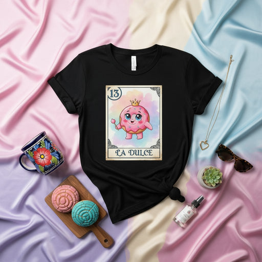 La Dulce Donut Lotería Card T-Shirt, Cute Mexican Bingo Game Pink Glazed Doughnut with Crown Graphic Unisex Shirt, Funny Sweet Treat Kawaii Food Tee Gift for Lotería Players and Dessert Lovers Mexicada