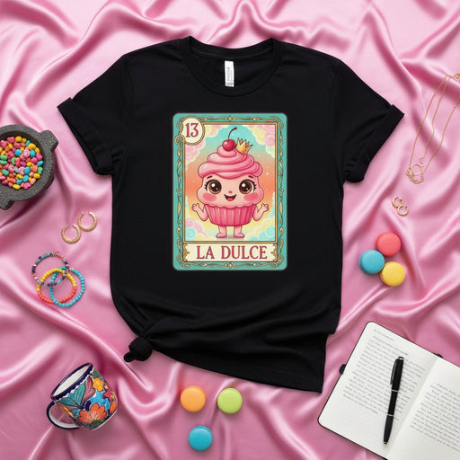 LA DULCE Lotería Card T-Shirt | Cute Cupcake Character Graphic Tee | Funny Mexican Bingo Game Top | Number 13 Sweet Treat Shirt for Women Men Mexicada