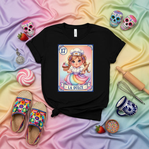 La Dulce Mexican Loteria Card Baker T-Shirt - Cute Pastry Chef with Rolling Pin and Cupcake - Rainbow Skirt Fiesta Game Day Unisex Tee Mexicada