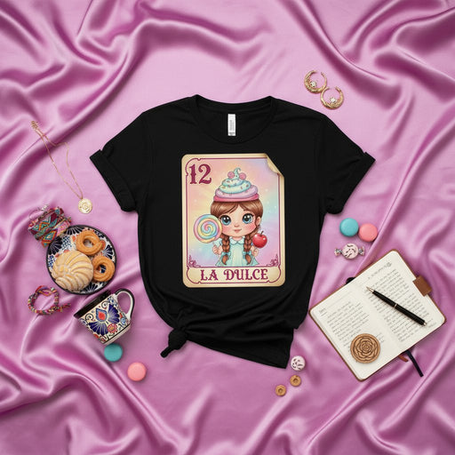 LA DULCE Mexican Loteria Card Graphic Tee - Cute Pastel Girl with Cupcake, Lollipop & Apple - Hispanic Culture Inspired Unisex T-Shirt Mexicada