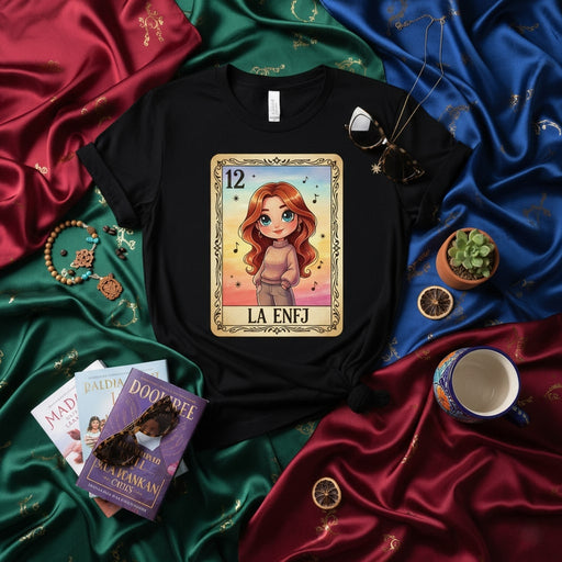 LA ENFJ Loteria Card T-Shirt, Cute Cartoon Redhead Girl Tee, Mexican Bingo Personality Type Graphic Shirt, Unisex Apparel Gift Mexicada