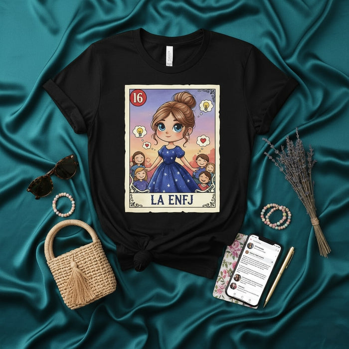 LA ENFJ Loteria Card T-Shirt, Cute Cartoon Woman with Children, Stars Dress, Empath Personality Type Graphic Tee, Myers-Briggs Gift Idea, Unisex Black Shirt Mexicada