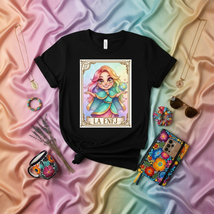 LA ENFJ Lotería Card T-Shirt: Empath Rainbow Hair MBTI Personality Type Graphic Tee, Unisex Funny Mexican Bingo Game Inspired Gift for Advocates Mexicada