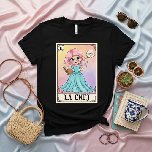 LA ENFJ Mexican American Tarot Card Style T-Shirt, Personality Type Shirt, Cute Pink Haired Girl Reading Book, Loteria Style Graphic Tee, MBTI Inspired Gift for Women, Soft Spun Cotton Blend Unisex Shirt Mexicada