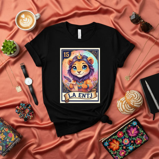 LA ENTJ Lion Loteria Card T-Shirt, Cute Royal Zodiac Leo Personality MBTI Shirt, Unisex Graphic Tee, Ideal Gift for Extraverted Intuitive Thinking Judging Type Mexicada
