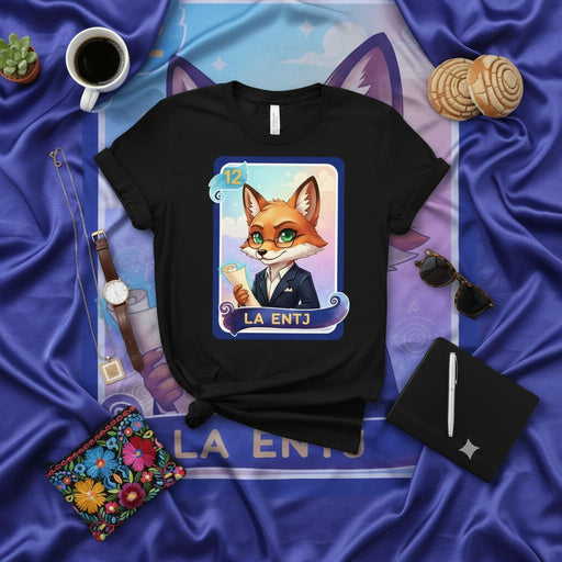 LA ENTJ Loteria Card Fox T-Shirt, MBTI Personality Type Shirt, Entrepreneurial Executive Fox Art Tee, Funny Mexican Bingo Game Design, Cute Cartoon Animal Character Gift Idea Mexicada
