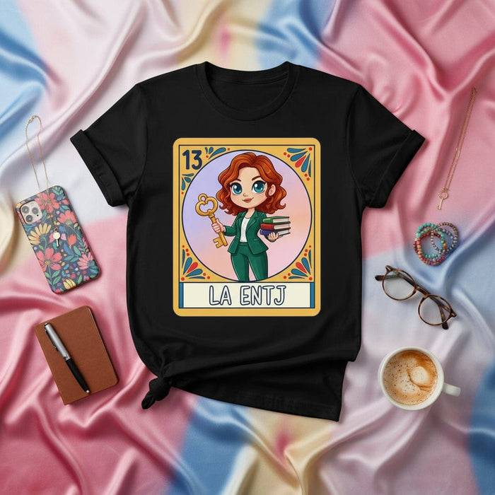 LA ENTJ Loteria Card T-Shirt, ENTJ Personality Type Gift, Myers-Briggs Tee, The Commander MBTI Key and Books Graphic, Unisex Black T-Shirt, Number 13 Card Design Mexicada