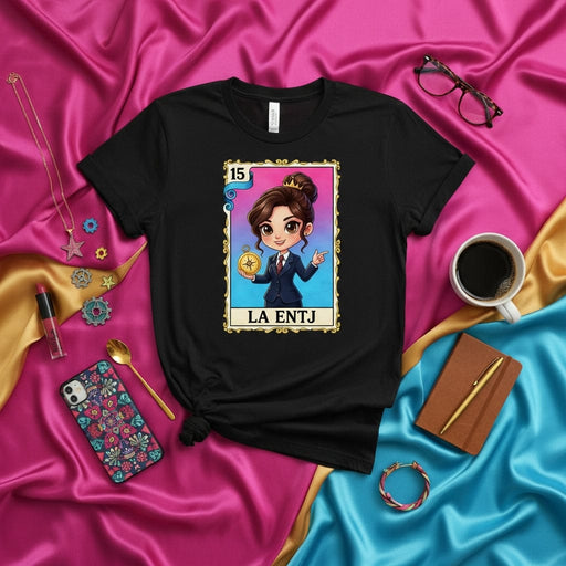 LA ENTJ Loteria Card T-Shirt: Female Entrepreneur Myers-Briggs Tee, MBTI Executive Personality Type Gift, Cute Chibi Design, Unisex Black Shirt Mexicada
