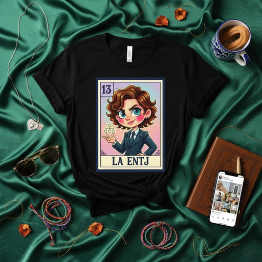 LA ENTJ Lotería Card T-Shirt, Myer-Briggs Personality Type Graphic Tee, Cute Cartoon Design, Unisex Gift for Extroverted Thinkers, Entrepreneur MBTI Apparel Mexicada