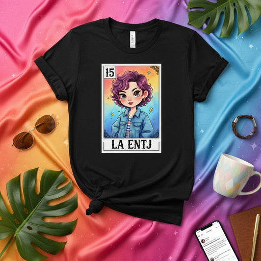 LA ENTJ Loteria Card T-Shirt, Myer-Briggs Personality Type Tee, Funny Tarot Card Style Graphic Shirt, Rainbow Aesthetic, Unisex MBTI Gift for Extroverted Intuitive Thinking Judging Type, Card Number 15 Mexicada