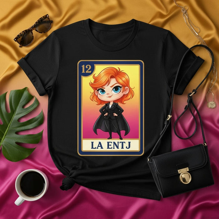 LA ENTJ Unisex T-Shirt - Cute Cartoon Lotería Card Design, Number 12, Executive Personality Type MBTI Graphic Tee, Black Shirt with Red-Haired Woman Character Mexicada