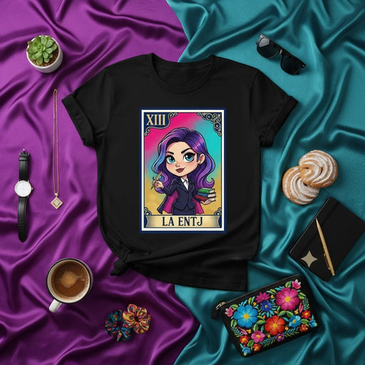 LA ENTJ XIII Loteria Card T-Shirt, Purple Hair Girl Cartoon Character, MBTI Personality Type Gift for Women, Tarot Style Design Unisex Tee Mexicada