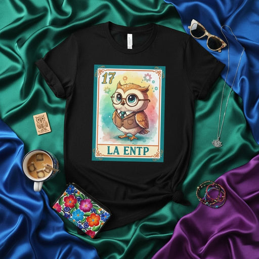 LA ENTP 17 Owl T-Shirt, Funny Logoteria Card Design, Cute Cartoon Owl Wearing Glasses and Suit, Unisex Myers-Briggs Personality Type Graphic Tee Gift for Debaters and Visionaries Mexicada