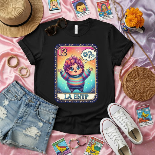 LA ENTP Cute Lotería Card T-Shirt with Questioning Boy, Funny Sarcastic MBTI Design, Unisex Graphic Tee, Ideal Gift for Extraverted Intuitive Thinking Perceiving Personality Type, Quirky Kawaii Style Apparel Mexicada
