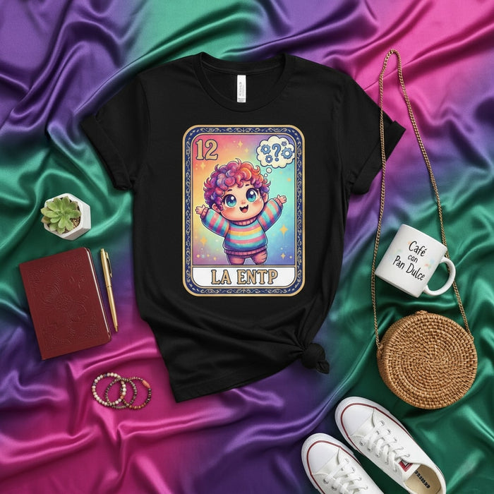 LA ENTP Cute Rainbow Sweater Chibi Loteria Card T-Shirt, Funny MBTI Personality Type Shirt, Unisex Gift Tee with Number 12 for Entrepreneurs Mexicada