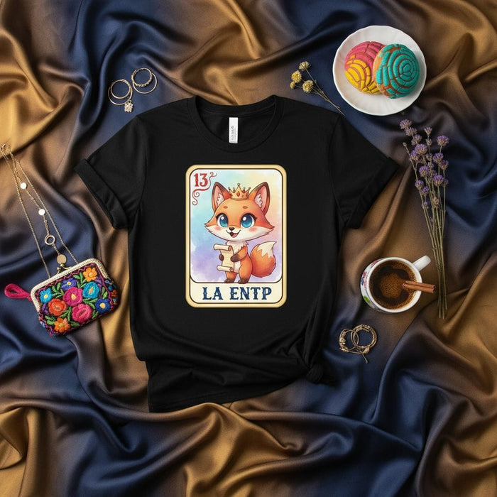 LA ENTP Fox Loteria Card T-Shirt: Funny Cute Animal Myers-Briggs Personality Type Tee, Tarot Card Aesthetic Graphic Shirt, Unique Gift Idea for Extraverted Intuitive Thinkers Mexicada