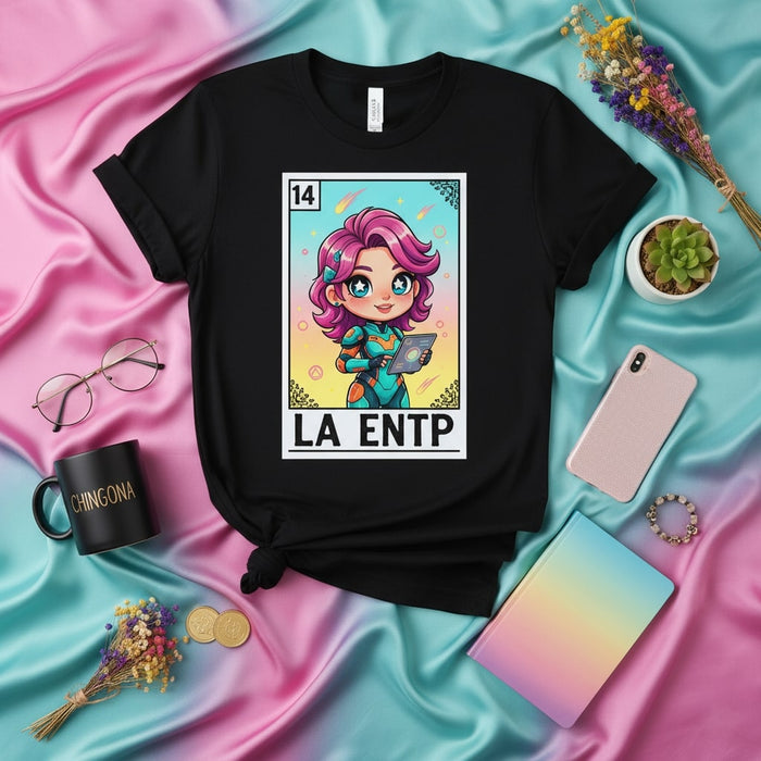 LA ENTP Lotería Card T-Shirt: Funny Unisex Graphic Tee for Personality Type, Debater Anime Character Design, Gift for Extrovert Intuitive Thinking Perceiving Myers-Briggs Enthusiasts Mexicada