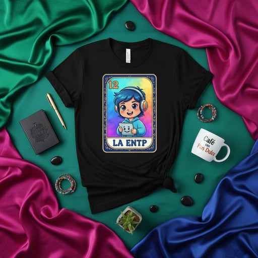 LA ENTP Loteria Card T-Shirt: Mexican Bingo Style Design, Number 12 Cartoon Character, Personality Type Apparel, Unisex Graphic Tee Gift for Extraverted, Intuitive, Thinking, Perceiving Individual Mexicada