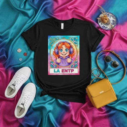 LA ENTP Lotería Card T-Shirt: Neurodivergent Fun Design, Unisex Black Tee, Myers-Briggs Personality Type Graphic Top, Funny MBTI Merch Gift for Extrovert Intuitive Thinker Perceiver Mexicada