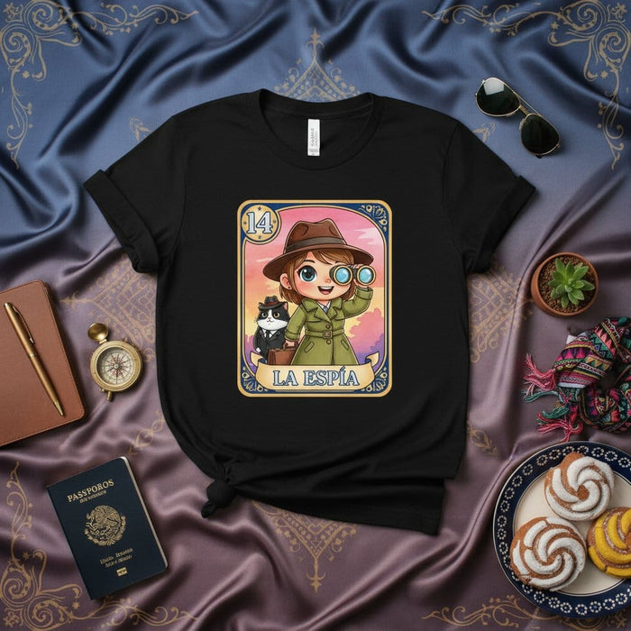 La Espía Cute Spy Agent Loteria Card Graphic Tee for Unisex Adults and Kids, Detective with Cat Black T-Shirt, Kawaii Mexican Bingo Style Gift Top Mexicada