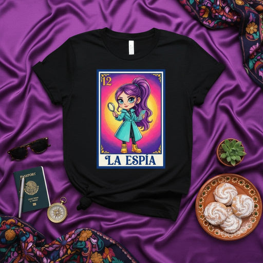 LA ESPIA Detective Spy Girl Loteria Card T-Shirt, Unisex Mexican Bingo Game Design Tee, Purple Haired Sleuth Graphic Shirt, Novelty Apparel Gift Idea Mexicada