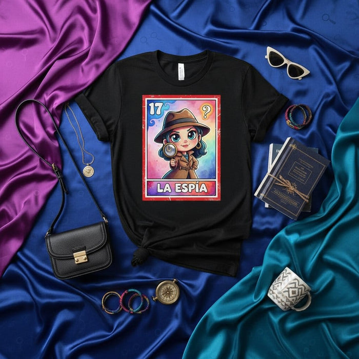 LA ESPIA Detective Spy La Loteria Card 17 T-Shirt, Cute Kids Cartoon Style Mexican Bingo Game Unisex Tee, Women's Men's Kawaii Mystery Design Shirt Gift Mexicada