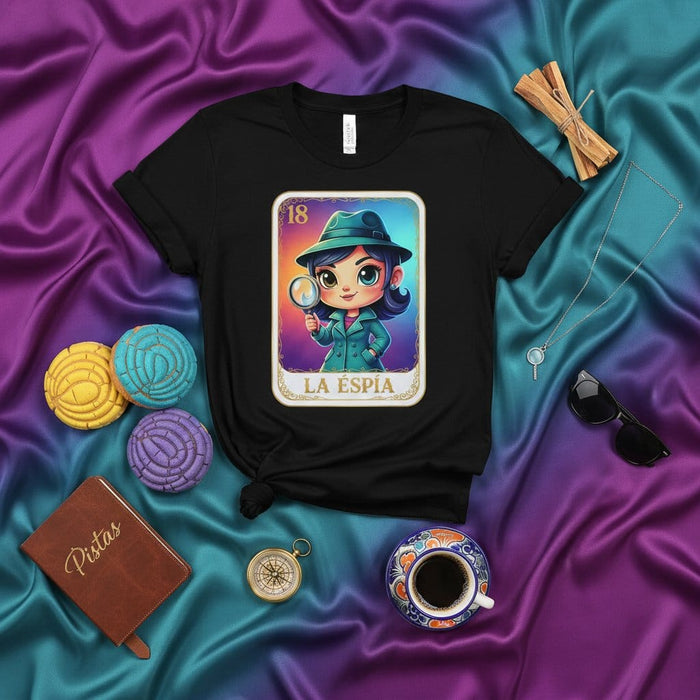 LA ESPÍA Lotería Card 18 Unisex T-Shirt - Cute Cartoon Spy Detective Design Tee, Mexican Bingo Game Inspired Apparel Gift for Women Men, Vibrant Graphic Print Shirt Mexicada