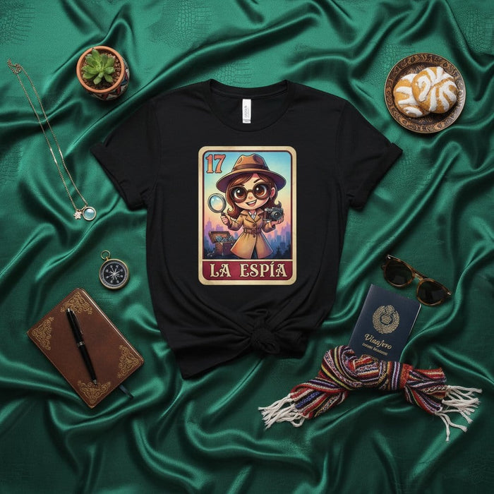 LA ESPÍA Loteria Card T-Shirt, Cute Cartoon Spy Girl Detective Design, Unisex Graphic Tee, Mexican Bingo Inspired Game Merch, Number 17 The Spy The title is 214 characters long. Mexicada