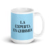 La Experta En Chismes The Gossip Expert Funny Home Office Work Coffee Mug Mexican Spanish Pride Gift White Glossy Cup Sky Blue Card Mug Mexicada 15 oz