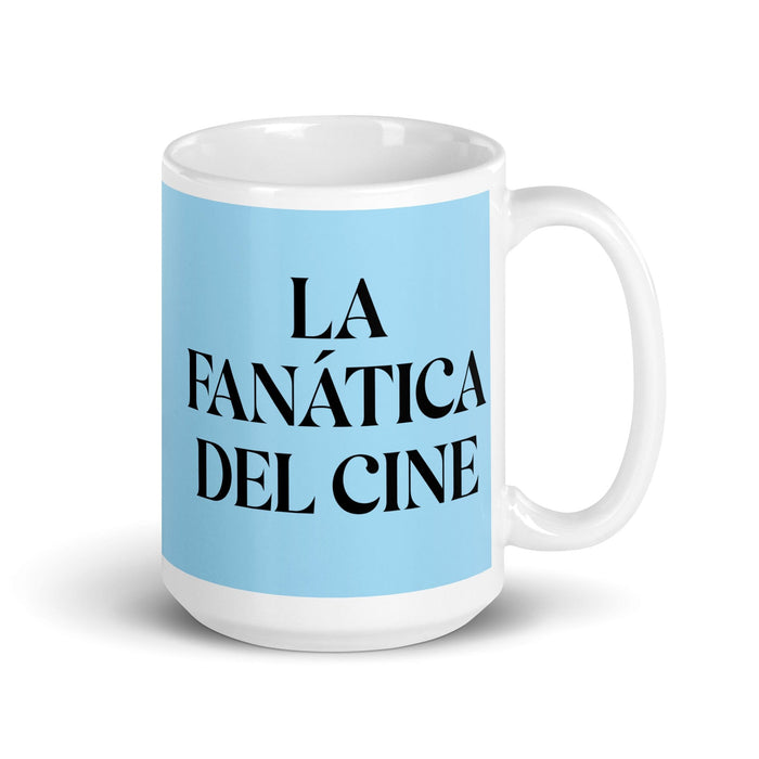 La Fanática Del Cine The Movie Buff Funny Home Office Work Coffee Mug Mexican Spanish Pride Gift White Glossy Cup Sky Blue Card Mug Mexicada 15 oz