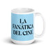 La Fanática Del Cine The Movie Buff Funny Home Office Work Coffee Mug Mexican Spanish Pride Gift White Glossy Cup Sky Blue Card Mug Mexicada 15 oz