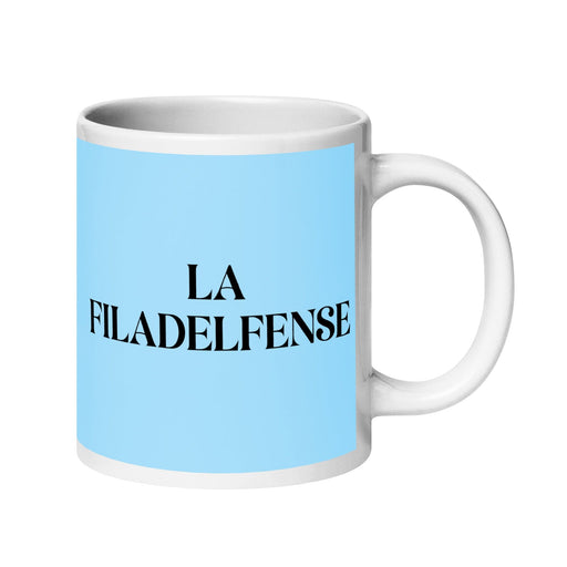 La Filadelfense The Philadelphian Funny Home Office Work Coffee Mug Mexican Spanish Pride Gift White Glossy Cup Sky Blue Card Mug Mexicada 20 oz