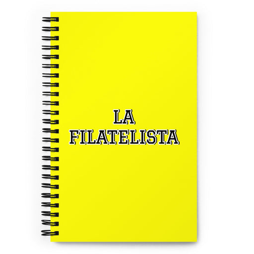 La Filatelista The Stamp Collector | Yellow Spiral Notebook, 140 Dotted Sheets | Funny Gift Idea Home Office Work | Mexican Spanish Pride Gift Mexicada