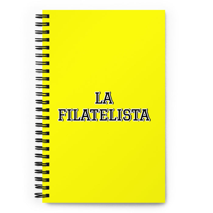 La Filatelista The Stamp Collector | Yellow Spiral Notebook, 140 Dotted Sheets | Funny Gift Idea Home Office Work | Mexican Spanish Pride Gift Mexicada