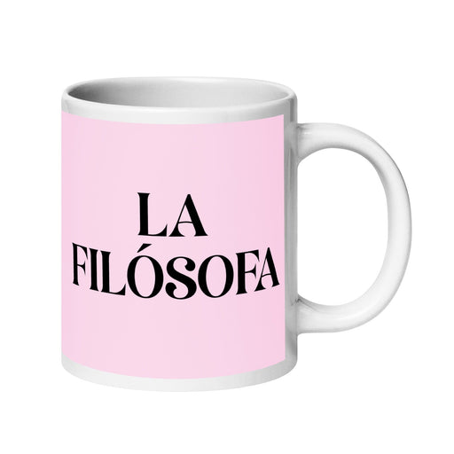 La Filósofa The Philosopher Funny Home Office Work Coffee Mug Mexican Spanish Pride Gift White Glossy Cup Light Pink Card Mug Mexicada 20 oz