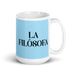 La Filósofa The Philosopher Funny Home Office Work Coffee Mug Mexican Spanish Pride Gift White Glossy Cup Sky Blue Card Mug Mexicada 15 oz