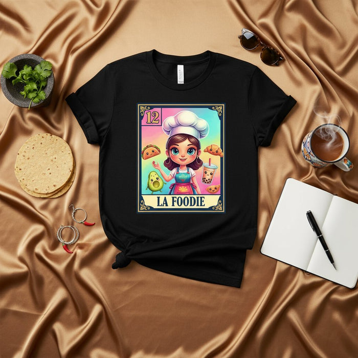 LA FOODIE Cute Chef Lotería Card T-Shirt, Mexican Bingo Design for Food Lovers, Unisex Graphic Tee, Kawaii Avocado Taco Boba Drink Art Print Mexicada