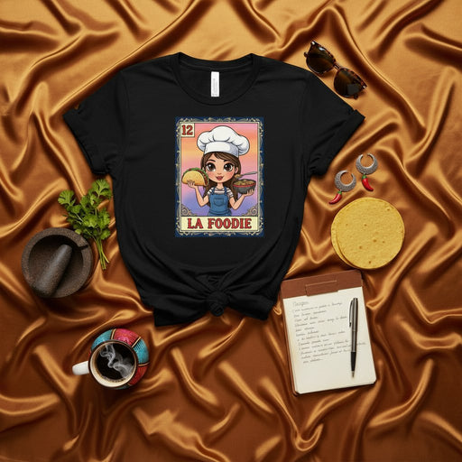 LA FOODIE Lotería Card T-Shirt: Chef Girl Holding Taco & Salsa, Mexican Bingo Inspired Graphic Tee, Culinary Enthusiast Food Lover Gift, Unisex Black Shirt Mexicada
