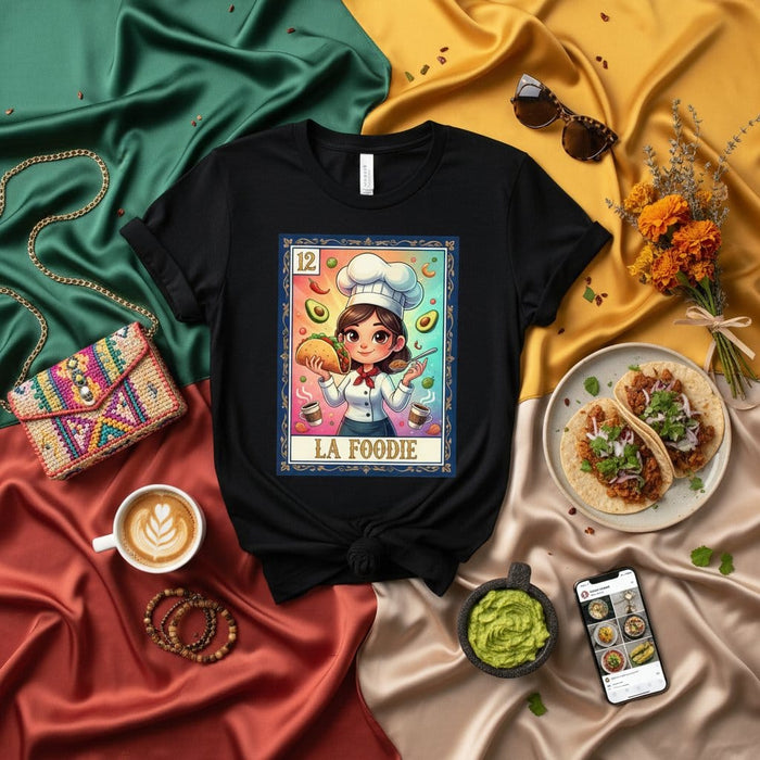 LA FOODIE Mexican Loteria Card T-Shirt, Female Chef Holding Taco & Avocado Design, Unisex Food Lover Graphic Tee Shirt Gift Idea Mexicada