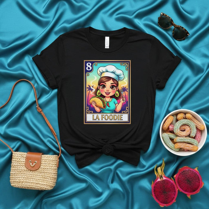 LA FOODIE Mexican Loteria Card T-Shirt, Female Chef with Taco and Palm Trees Graphic Tee, Unisex Lotería Style Design Shirt for Food Lovers Mexicada