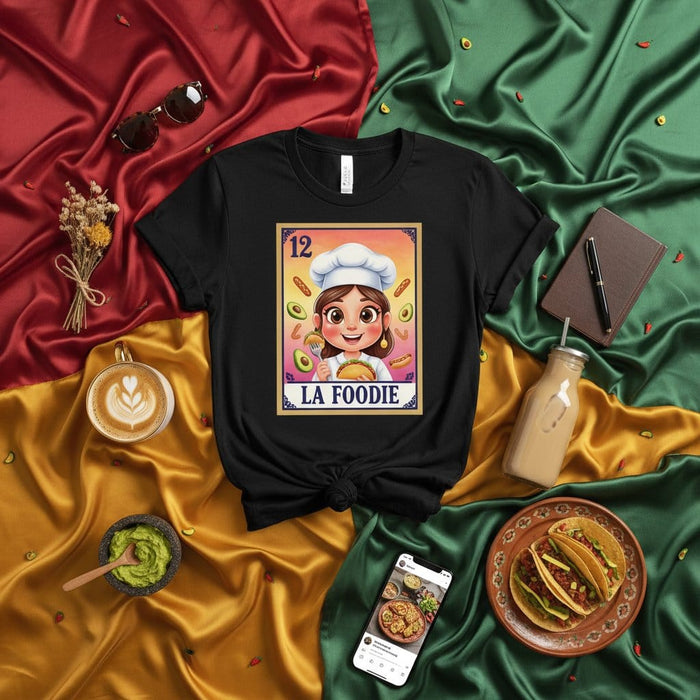 LA FOODIE Unisex T-Shirt - Cute Chef Loteria Card Design, Food Lover Graphic Tee, Mexican Bingo Inspired Shirt with Avocados and Tacos, Number 12 Mexicada