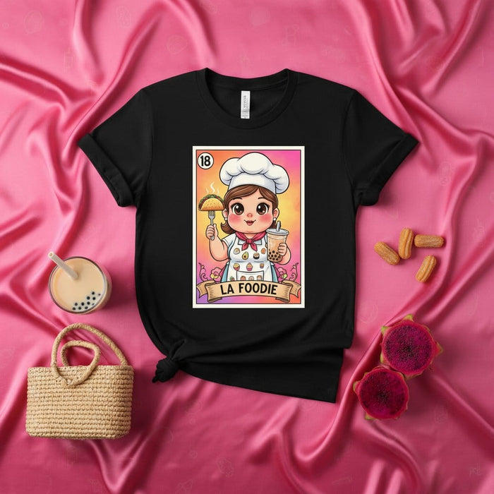 LA FOODIE Unisex T-Shirt - Cute Chef Loteria Card Design, Food Lover Graphic Tee, Mexican Bingo Inspired Shirt with Taco and Boba, Gifts for Cooks and Culinary Fans Mexicada
