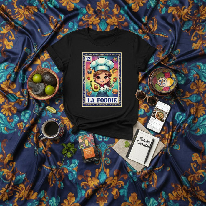 LA FOODIE Unisex T-Shirt with Chef Loteria Card Design, Cute Cooking and Avocado Graphic Tee, Mexican Bingo Inspired Apparel for Food Lovers Mexicada