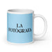 La Fotógrafa The Photographer Funny Home Office Work Coffee Mug Mexican Spanish Pride Gift White Glossy Cup Sky Blue Card Mug Mexicada 20 oz