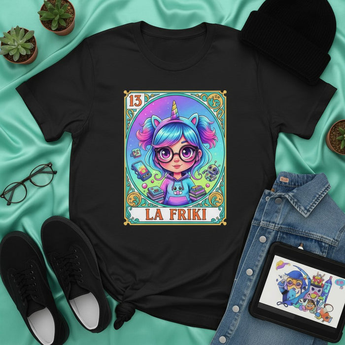 LA FRIKI Cute Gamer Girl Unicorn Horn Glasses Anime Style Loteria Card T-Shirt Mexicada