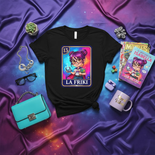 LA FRIKI Loteria Card T-Shirt, Cute Cartoon Gamer Girl Art, Number 13 Geek Nerd Purple Hair Graphic Tee, Unique Mexican Bingo Game Inspired Design, Unisex Adult Short Sleeve Apparel Gift Mexicada