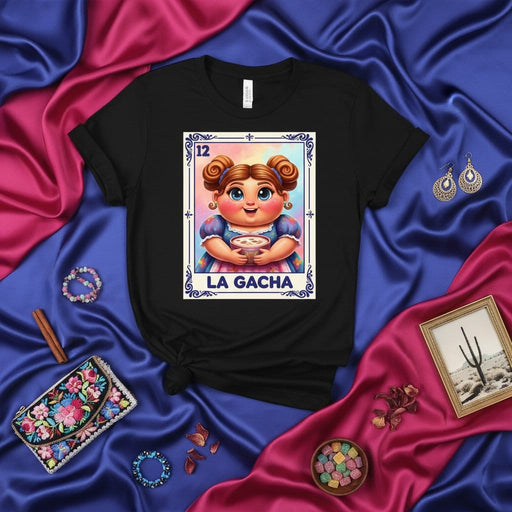 LA GACHA Cute Chibi Girl with Buns Lotería Card T-Shirt, Mexican Bingo Game Shirt, Latina Aesthetic Graphic Tee, Funny Cultural Gift Idea for Women and Girls Mexicada