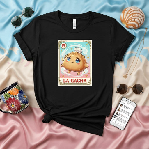 LA GACHA Cute Dumpling Loteria Card T-Shirt, Chef Hat Kawaii Food Mexican Bingo Game Tee, Unisex Bakery Pastry Graphic Apparel Mexicada