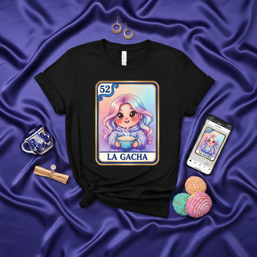 LA GACHA Cute Pastel Anime Girl Hot Chocolate Kawaii Loteria Card 52 Unisex Graphic T-Shirt Gamer Merch Gift Idea Mexicada